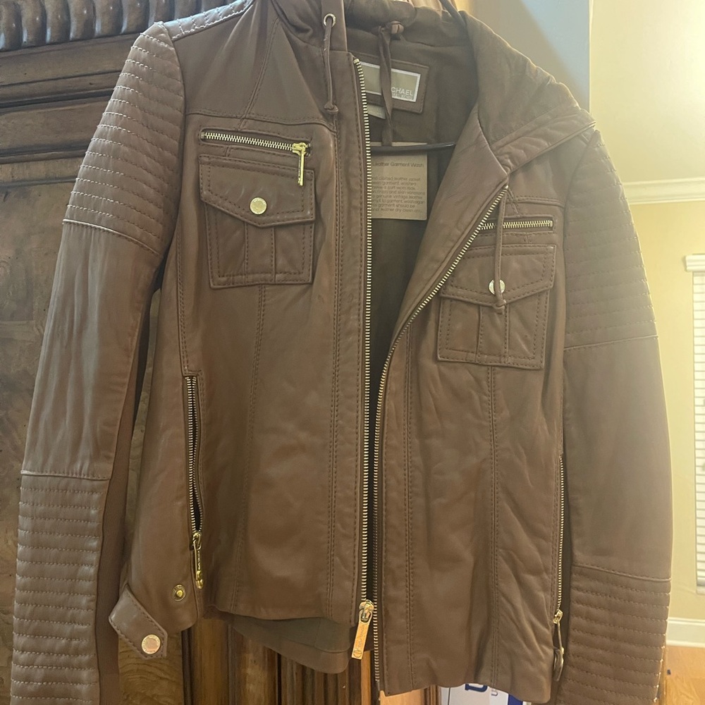 Micheal Kors Brown Leather Jacket with Quilted Sleeves